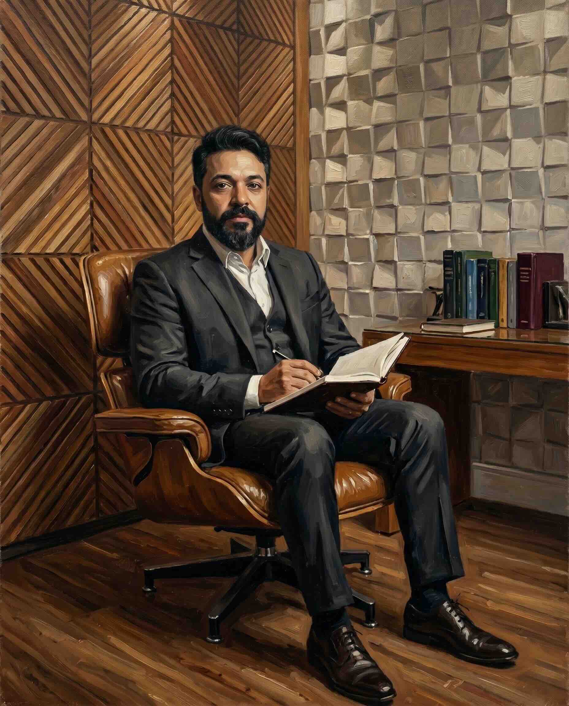 Dr. Fábio Caló, psicólogo clínico, sentado em poltrona de couro em seu consultório com caderno em mãos — pintura a óleo representando o método clínico