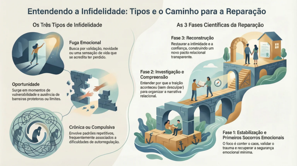 Fases da infidelidade conjugal e da reconstrução do casamento.