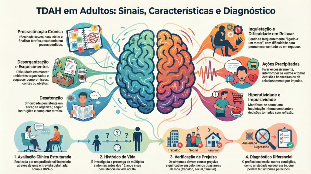 Sintomas do TDAH em adultos.