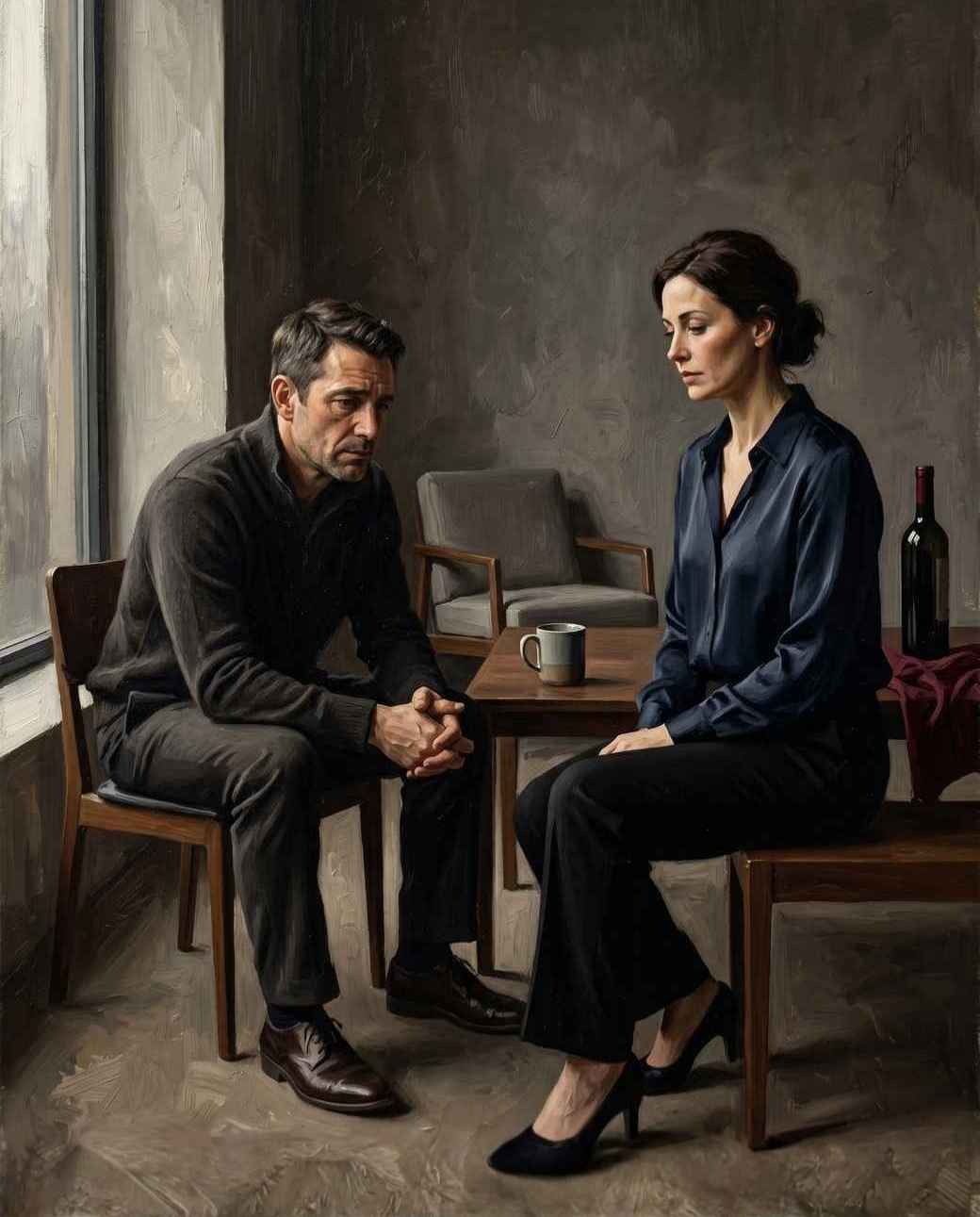 Casal contemporâneo em terapia de casal, em pintura realista — Dr. Fábio Caló, psicólogo de casais em Brasília
